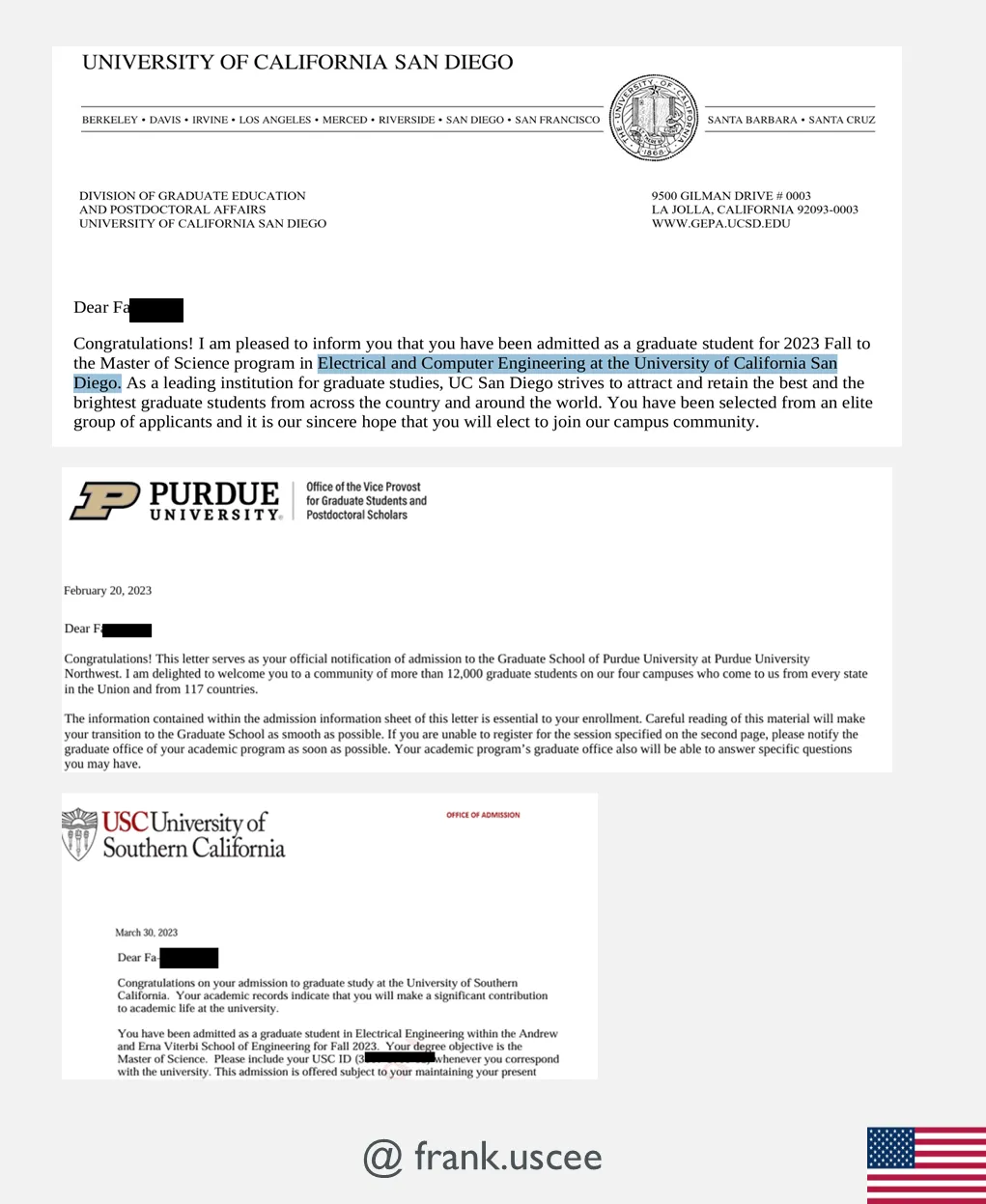 UCSD／Purdue／USC 正式錄取通知書（姓名已遮）