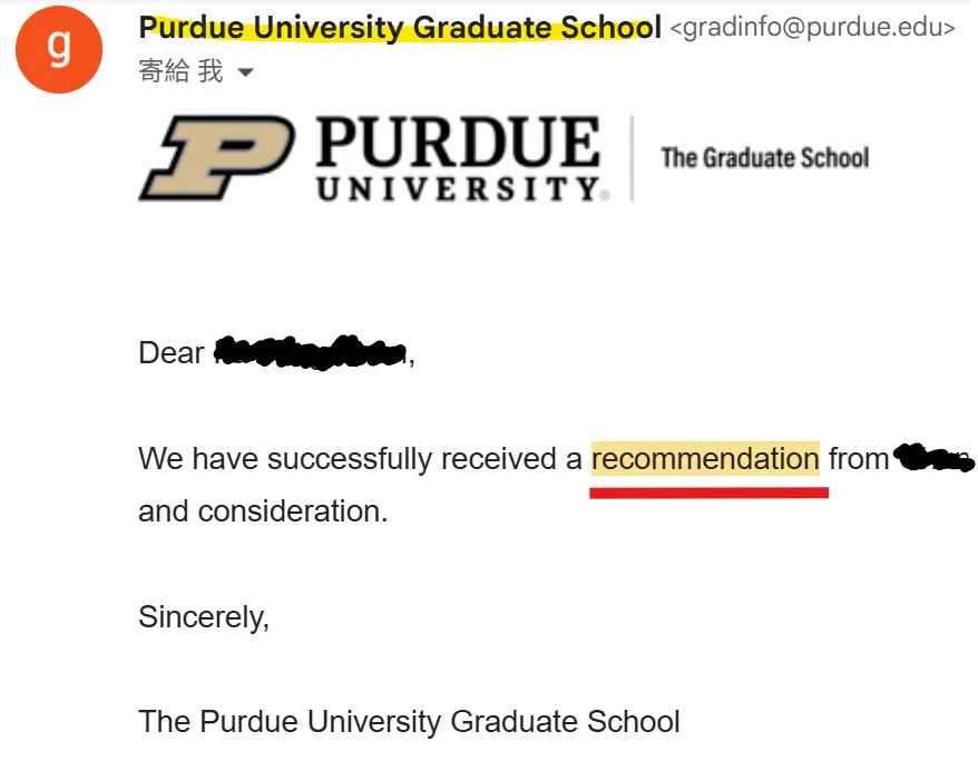 Purdue 研究所確認收到教授推薦信（姓名已遮）