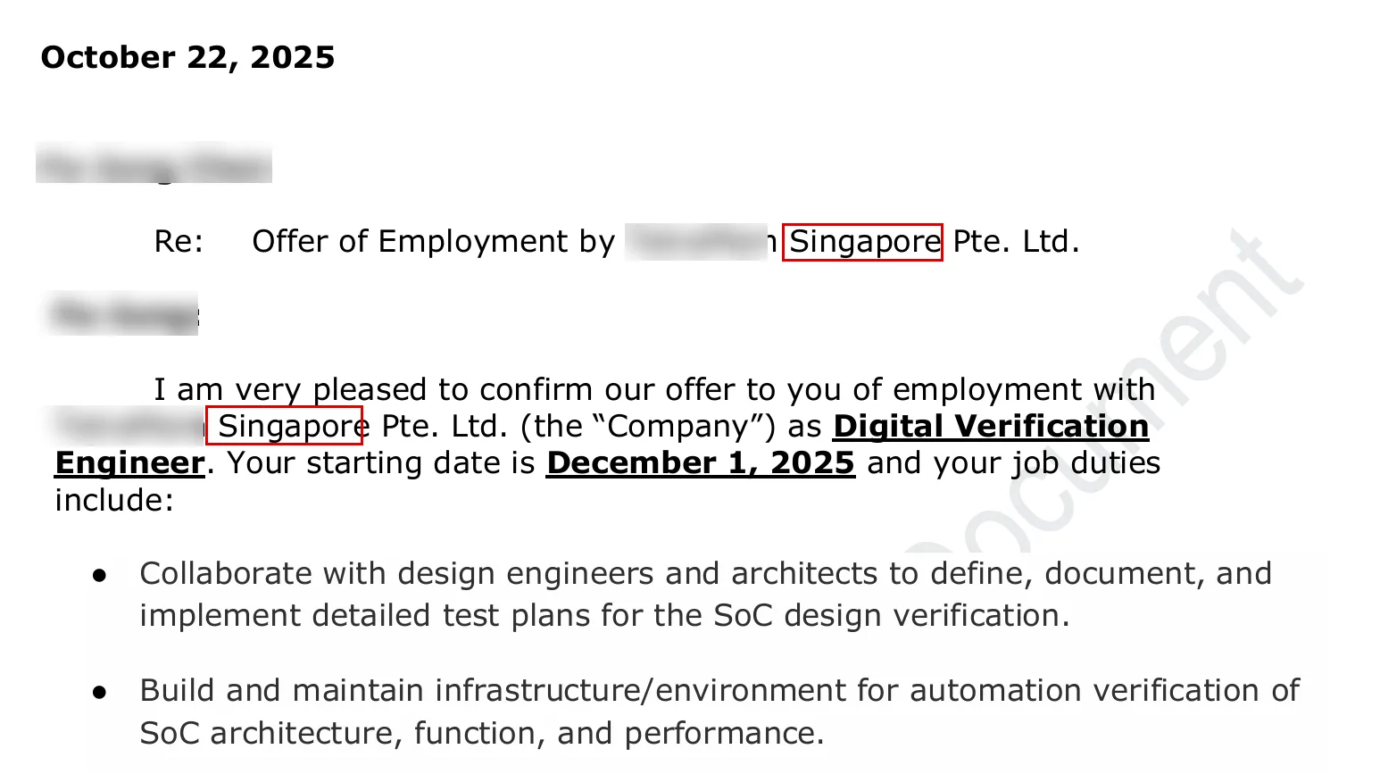 新加坡數位驗證工程師 offer letter，公司與姓名已模糊、Singapore 以紅框標示