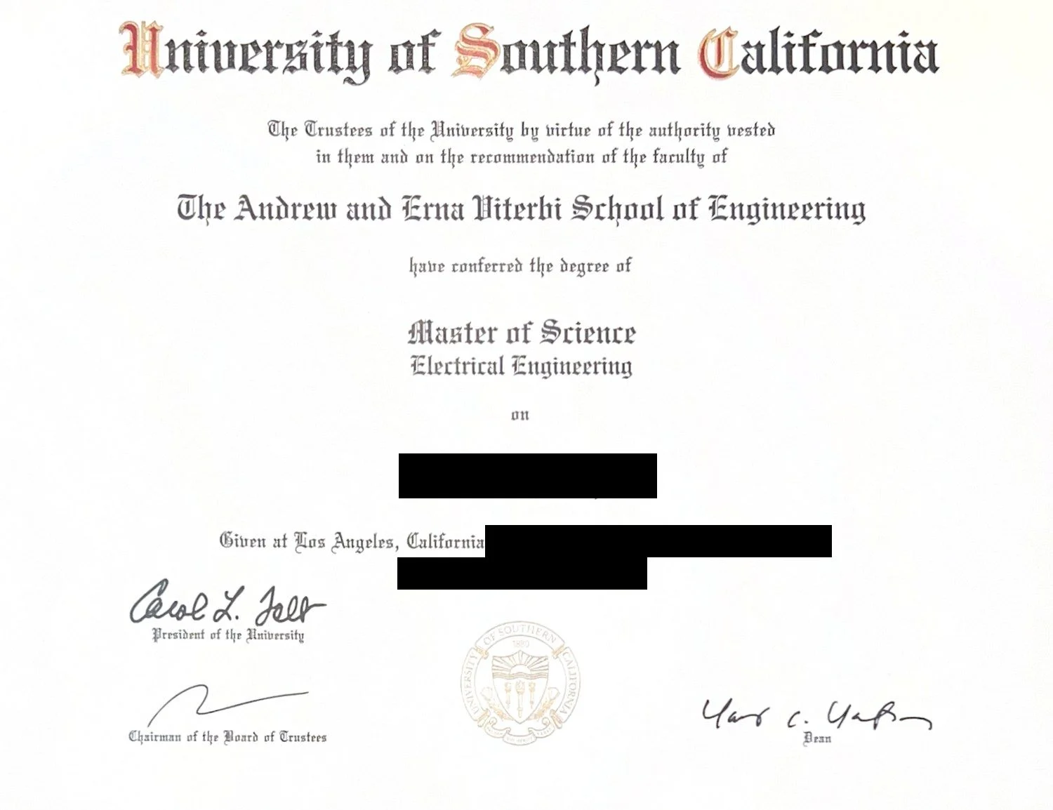美國南加州大學 USC 電機工程碩士學位證書（本人姓名已遮）