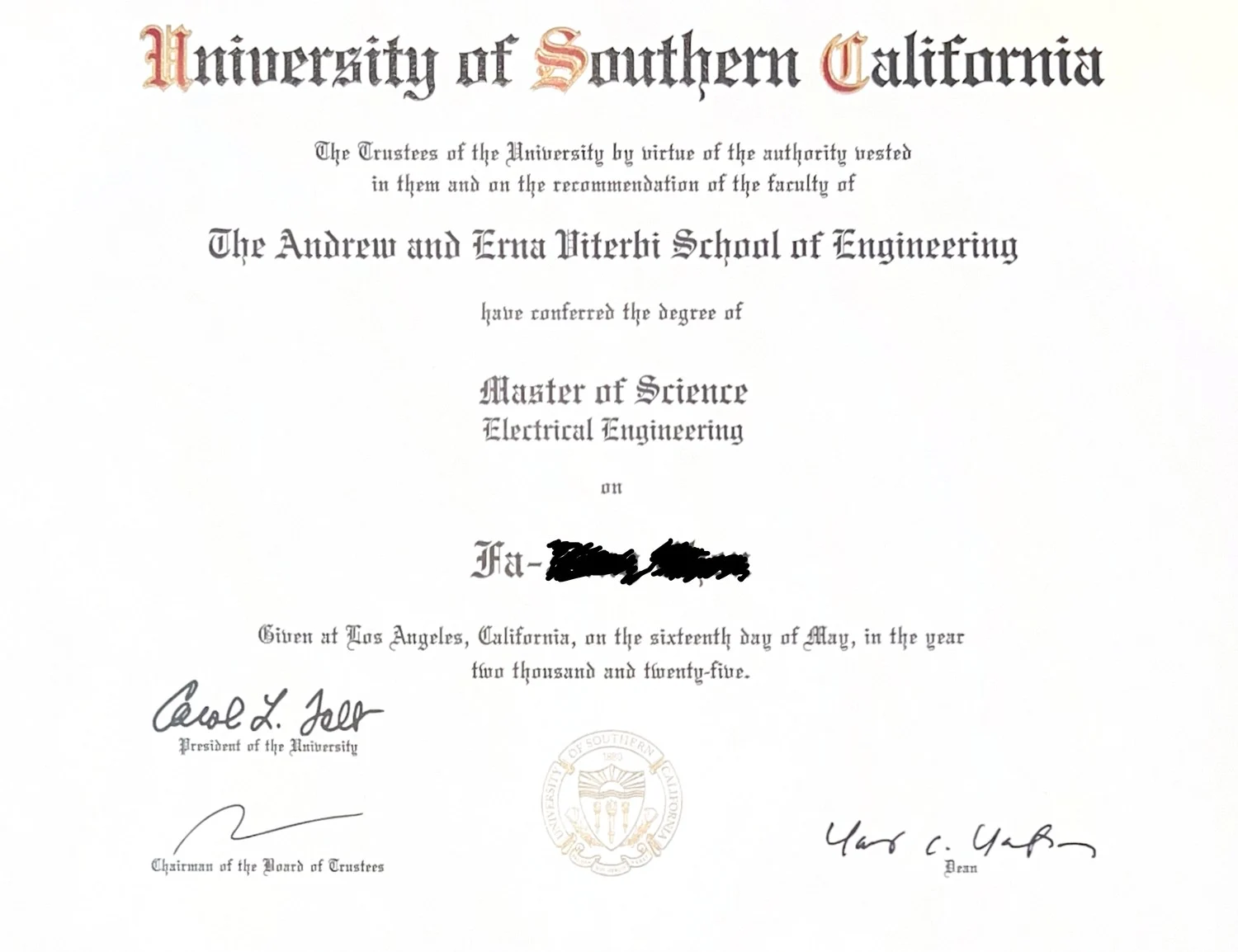 美國南加州大學 USC 電機工程碩士學位證書（本人姓名已遮）